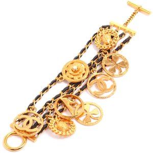 Auth CHANEL Mattrasse Gold Plated Black Leather Woven 4 Rows Charms Bracelet
